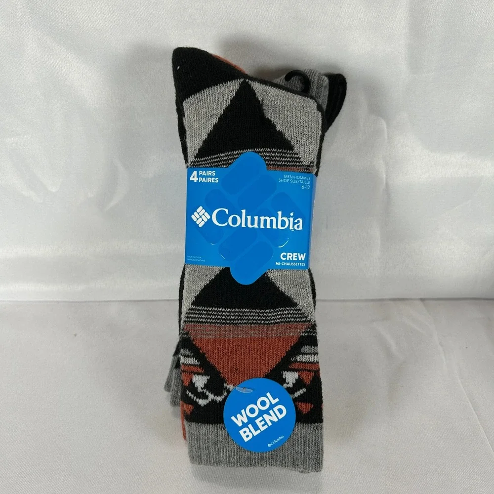 Columbia Mens Crew Socks 4 Pairs Wool Blend Geometric Striped Black Grey 6-12